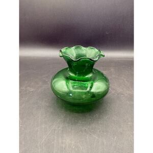Vintage Anchor Hocking Emerald Green Glass Squat Bud Vase Ruffled Edge